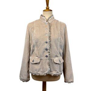 J. Jill Beige Corduroy Blazer Jacket with Velvet Ruffle Trim – Boho Cottagecore